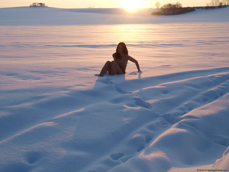 Голая девушка позирует на снегу